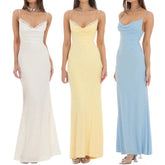 Solid Lace Trim Cowl Neck Maxi Dress
