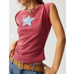 Round Neck Star Patch Tank Top - Cosmic Chic