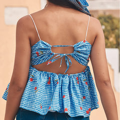 Blue Striped Floral Embroidery Tie Up Top