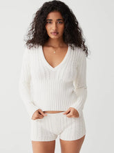 Long Sleeve Knitted V-Neck Hooded Sweater And Shorts Set