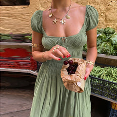 Green Open Back Short Sleeve Maxi Dress