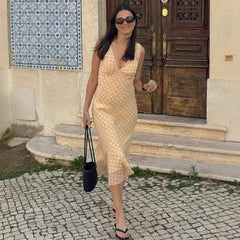 Beige Polka Dot Ruffle Midi Dress