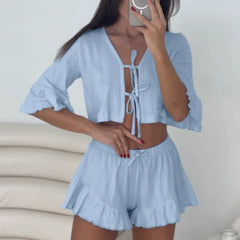 Lace-Up Ruffled Crop Top And Shorts Two Piece-Set