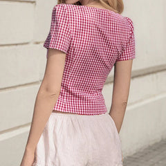 Red Plaid Button Short Sleeve Top