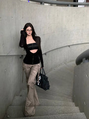 Black Long Sleeve Cut Out Drape Halter Top - Y2K Skinny Fit