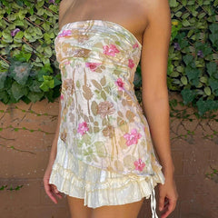 Floral Print Strapless Mesh Top - Vintage Knit Tank