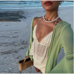 Sheer Strap Sequin Top Lace Up Mini Skirt Set