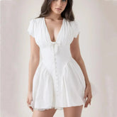 White Bow Deep V Neck Short Sleeve Mini Dress