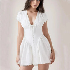 White Bow Deep V Neck Short Sleeve Mini Dress