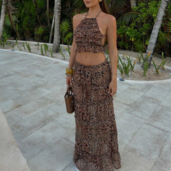 Leopard Sheer Halter Neck Backless Ruffled Tank Top+Drawstring Waist Long Skirt Set