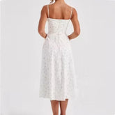 White Floral Print Slit Strap Midi Dress