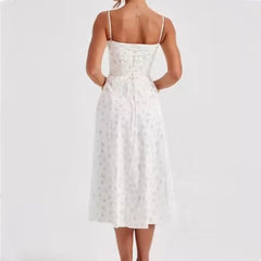 White Floral Print Slit Strap Midi Dress