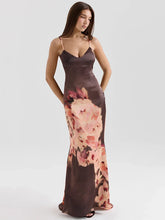 Brown Satin Floral Print Maxi Dress