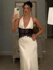 Lace Patchwork Halter Satin Maxi Dress