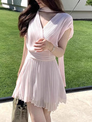 Pink Scarf V Neck Short Sleeve Pleated Wrap Mini Dress