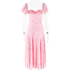 Pink Short Puff Sleeves Jacquard Print Maxi Dress