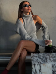 Grey Knit Turtle Neck Removable Sleeve Tank Top