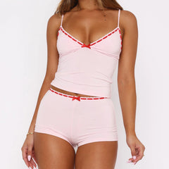 Bow Lace Trim Cami Top And Shorts Set