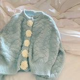 Blue Knitted Rose Buttoned Cardigan