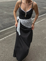 Black Polka Dot Lace Scarf Tie Up Wasit Maxi Dress