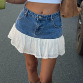 Y2K Two-Tone Denim Tiered Mini Skirt - Eyelet Ruffle Hem