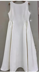 Solid Round Neck Waist A-line Sleeveless Midi Dress