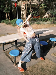 3D Chain Printing Denim Baggy Capri Shorts Jeans