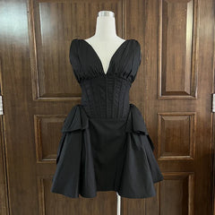 Red V-neck Pleated Mini Dress