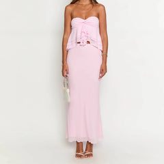 Pink Ruffle Tube Top And Maxi Skirt Set
