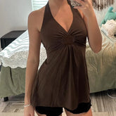 Brown Embroidered V Neck Halter Top