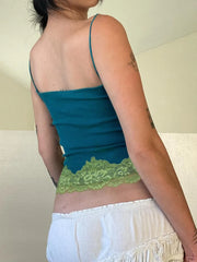 Blue Button Up Lace Trim Spaghetti Strap Crop Top