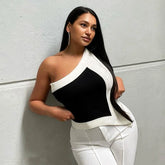 Black and White Color Block Asymmetrical One Shoulder Top