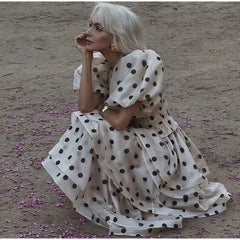 Polka Dot Bubble Sleeve Top And Ruffles Maxi Skirt Set