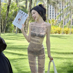 Letter Print Transparent Mesh Tank Mini Dress - Beach Style A-Line