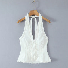White Bow Halter V neck Button Top