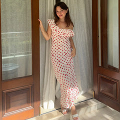 Red Off Shoulder Ruffled Polka Dot Printed Maxi Dress