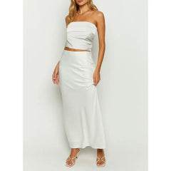 Satin Crop Tube Top And Long Skirt Set