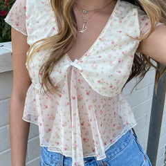 Mesh Short Sleeve Floral V-Neck Top