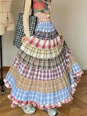 Plaid Patchwork Ruffles Maxi Skirt - Bohemian A-Line