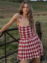 Red Halter Plaid Print Mini Dress