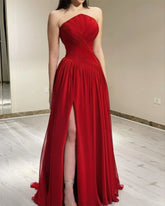 Red Pleated Strapless Slit Maxi Dress