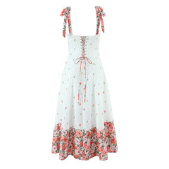 White Printed Patchwork Tie-Up Maxi Dress - Vintage Fit & Flare