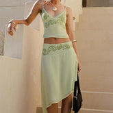 Printed V-Neck Cami & Skirt Set �Ruffle Midi Look