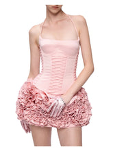 Pink Satin Corset And Frill 3d Flower Mini Dress