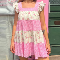 Pink Floral Plaid Patchwork Ruffles Strap Babydoll Mini Dress