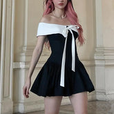 Bow Lace-up Black Off Shoulder Mini Dress
