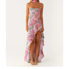 Strapless Printed Ruffles Midi Dress with Scarf