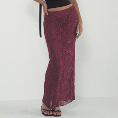 Red Sequin Sheer Maxi Skirt And Halter Crop Top Set