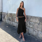 Knot One Shoulder Top And Ruched Midi Skirt Set