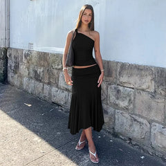 Knot One Shoulder Top And Ruched Midi Skirt Set